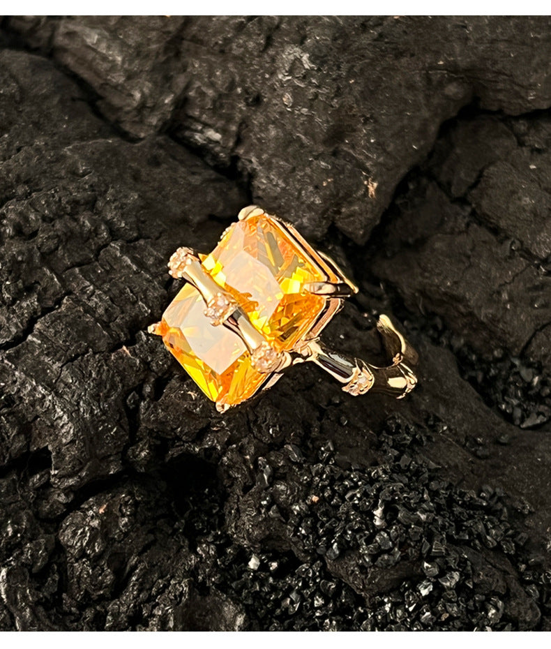 925Sterling Silver Square Citrine Bamboo Zircon Ring for Women Simple Fashion Personality Open Design Ring5905B