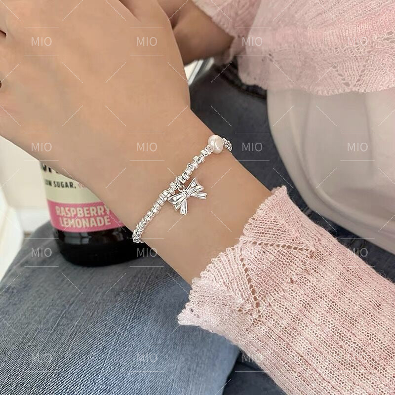 S925 Sterling Silver Light Luxury Girly Bowknot Crushed Silver Pearl Bracelet for Women Simple Elegant Bracelet