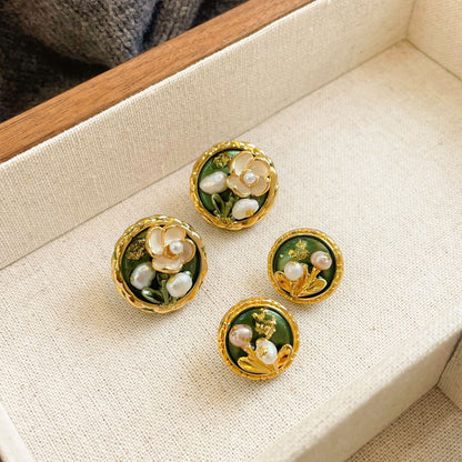 S925Silver Needle Oil Drop Freshwater Pearl Gold Foil Flower Stud Earrings Oil Painting Style Vintage High-end Earrings