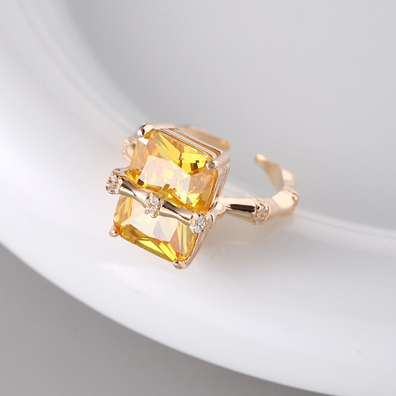 925Sterling Silver Square Citrine Bamboo Zircon Ring for Women Simple Fashion Personality Open Design Ring5905B